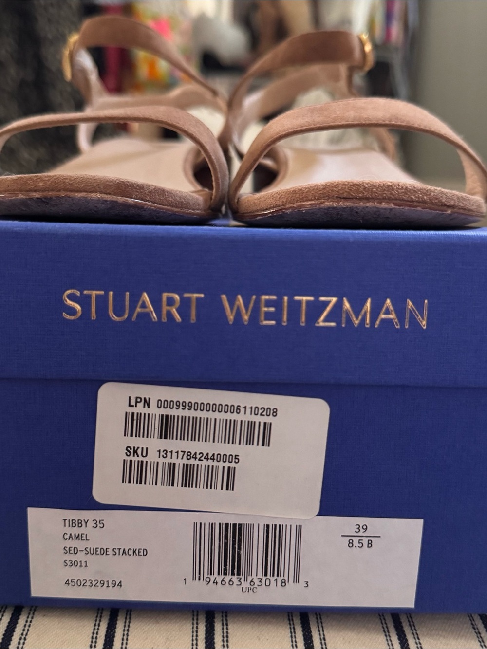 Stuart Weitzman Camel Suede Two-Strap Stacked Heel Sandals